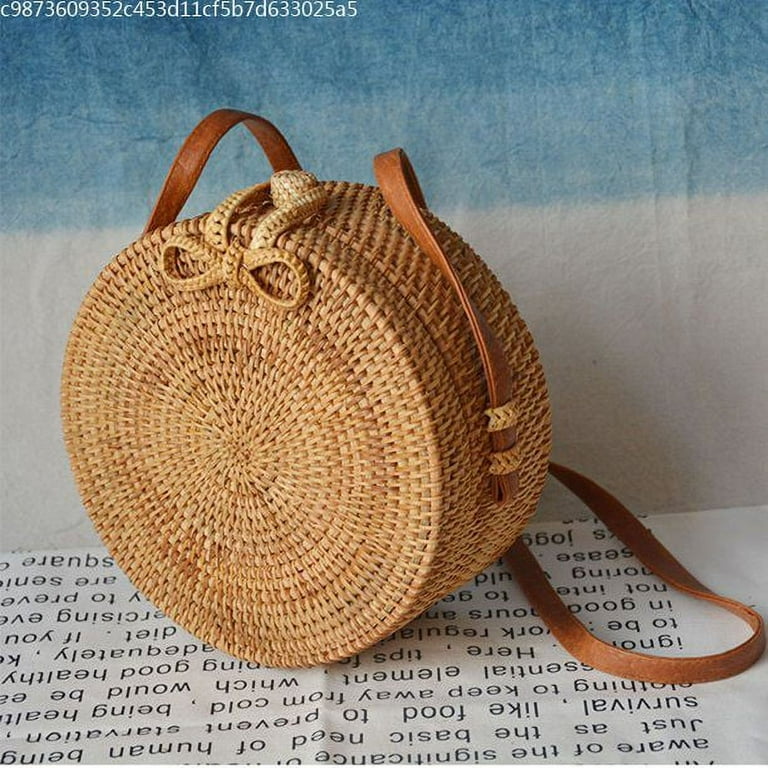 Handmade Bali Batik Round Rattan Straw Bamboo Bag Brown Leather Strap