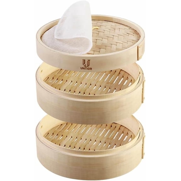 Handmade Bamboo Steamer Basket with Lid Multi-use Traditional Dumpling Food Steamer for Cooking Vegetables, Dim sum, Bao Buns, Fish Meat (6inch - 2 tier)