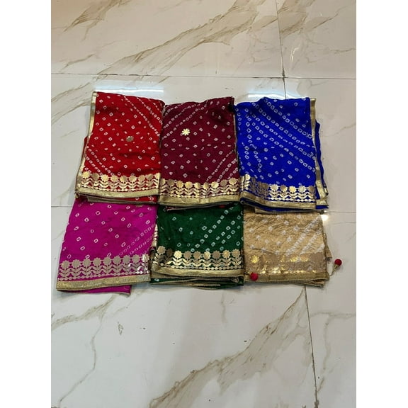 Handmade Bandhani Silk Dupatta with Gota Lace - Perfect for Weddings and Gifting - Yellow Silk Bandhej Print - Free Size