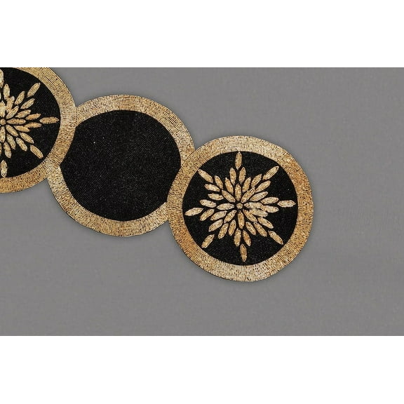 Handmade Bead Table Runner, Black And Gold Table Runner, Designer Table Topper 13X36 Inches