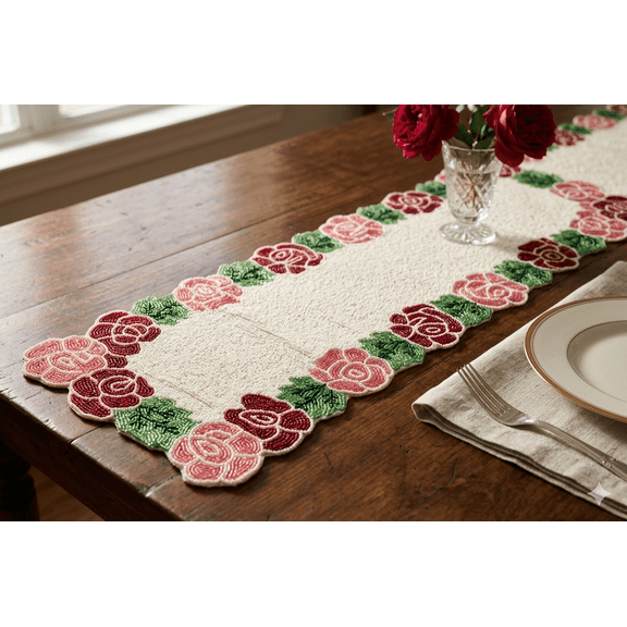 Handmade Bead Table Runner, Rose Design Table Runner, Multicolor Spring Table Topper 13X36 Inch