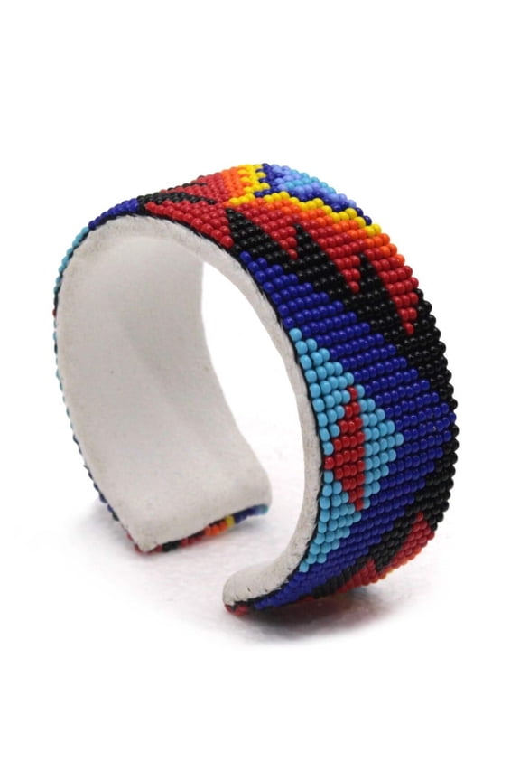 Handmade Beaded Aztec Pattern Multi-Color Leather 1 Inch Wide Bracelet