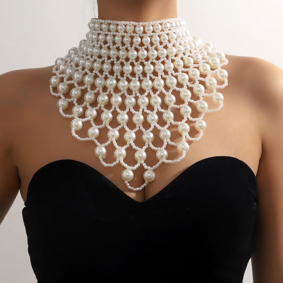 Handmade Beaded Bib Choker Retro Exaggerated Hollow Faux Pearls Necklace Clavicle Jewelry Statement Accessories