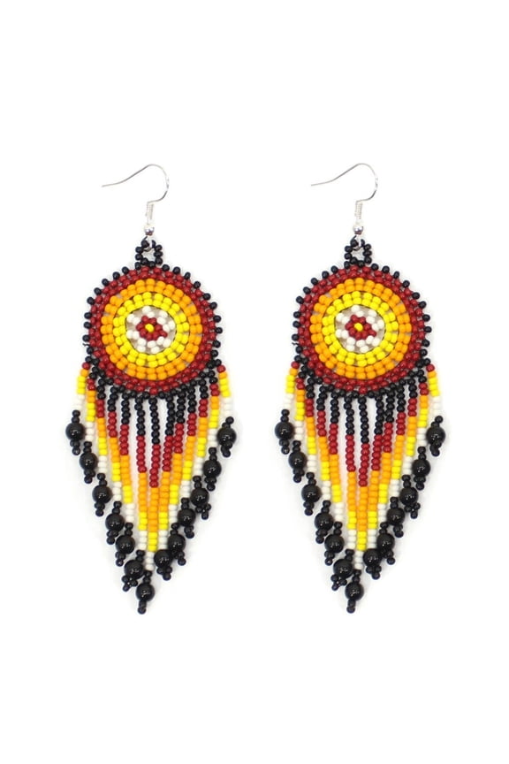 Handmade Beaded Black Medallion Seed Bead Big Native Style Earrings