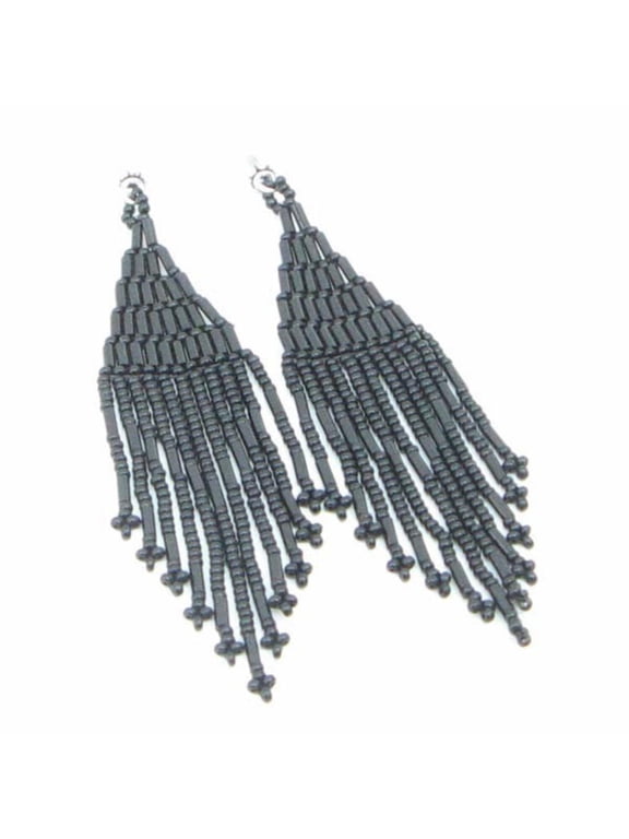 Handmade Beaded Black Seed Bead Big Earrings