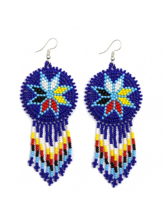 Handmade Beaded Blue 4 Directions Flower Round Fringe Hook Earrings