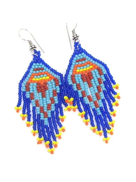 Handmade Beaded Blue Seed Bead Big Earrings