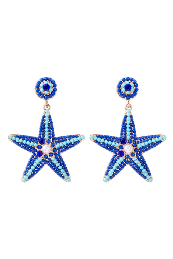 Handmade Beaded Blue Starfish Drop Earrings for Women Bohemian Seed Bead Ocean Animal Earrings Summer Holiday Jewelry