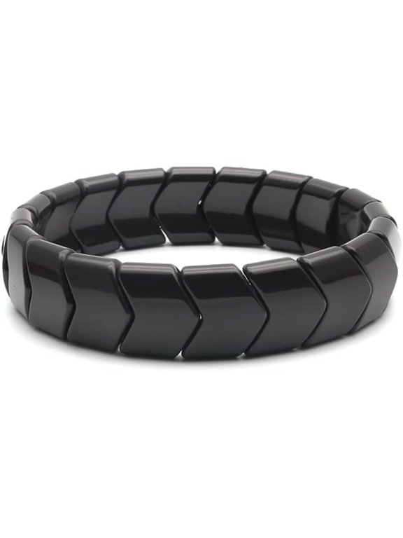 Power Ionics Handmade 15mm Arrowhead Beaded Bracelet for Men Women, Natural Black Stone, Adjustable Stretch Fit 17.5-21cm