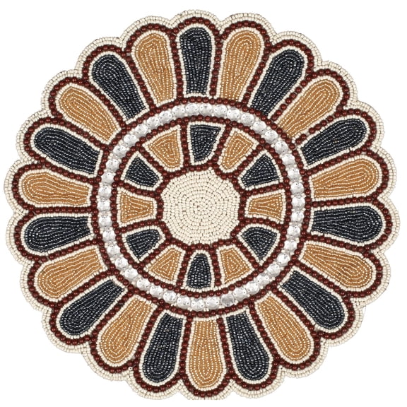 Bedding Craft Beaded Round Table Placemat – Handmade 13" Floral Calendula Design in Grey, Gold & Ivory