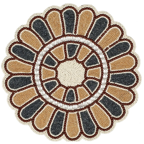 Bedding Craft Beaded Round Handmade Decorative Table Placemat - Floral Calendula Design in Grey Gold Ivory 13" Charger Plate