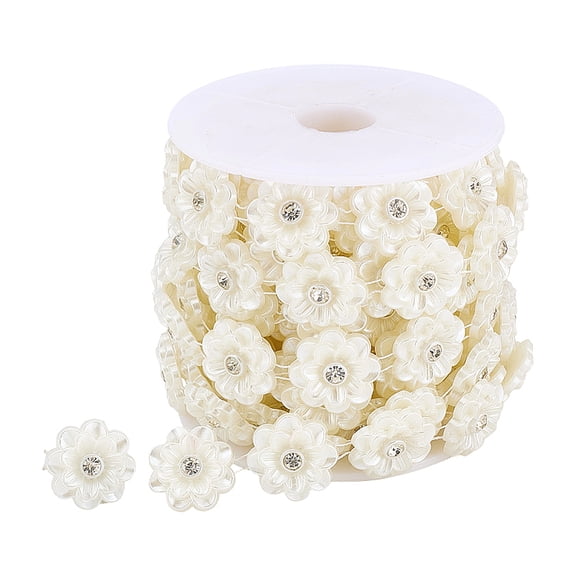 Handmade Beaded Chains with Plastic Imitation Pearl Beads Flower Unwelded with Spool White 23~24mm about 14.76 Feet(4.5m)/Roll