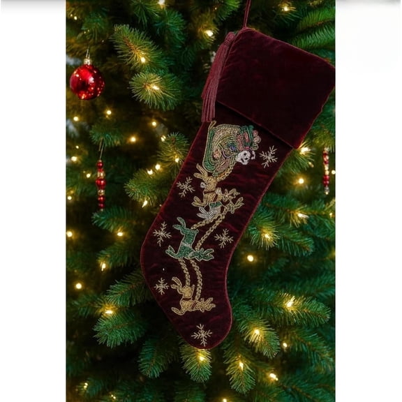 Handmade Beaded Christmas Stocking Velvet Holiday Decor Santa Reindeer 21"