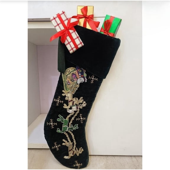 Handmade Beaded Christmas Stocking Velvet Holiday Decor Santa Reindeer