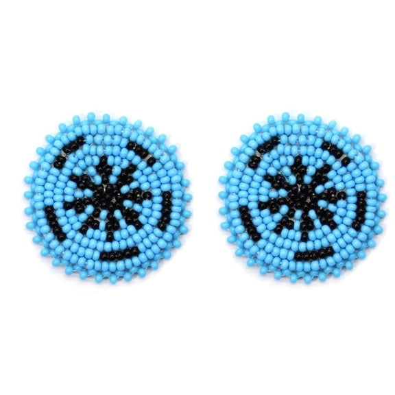 Handmade Beaded Cyan Blue Black Color Round Post Earrings