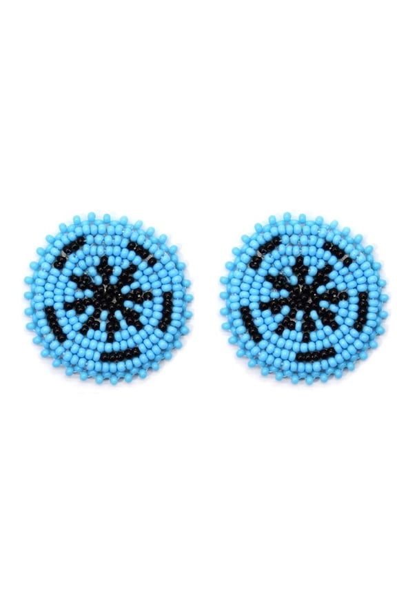 Handmade Beaded Cyan Blue Black Color Round Post Earrings