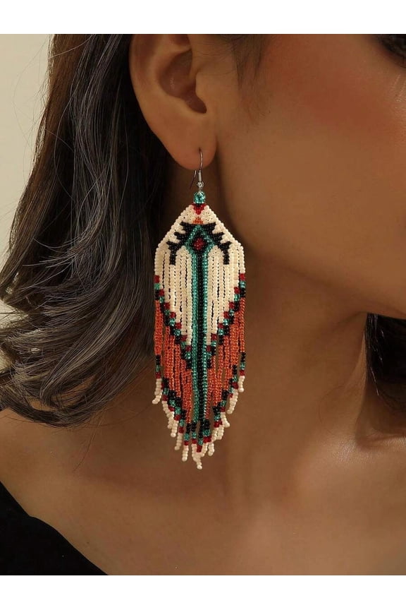 Handmade Beaded Dangle Earrings, Boho Geometric Tassel Design, Orange Multicolor Seed Bead, Ear Wire Closure
