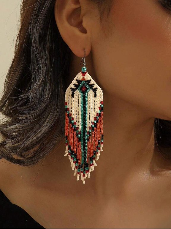 Handmade Beaded Dangle Earrings, Boho Geometric Tassel Design, Orange Multicolor Seed Bead, Ear Wire Closure