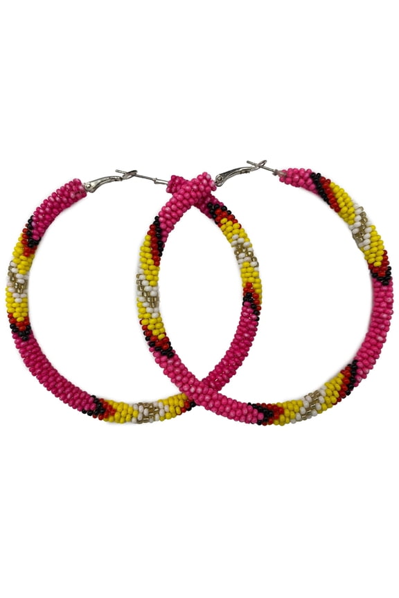 Handmade Beaded Fuchsia 3 inch Lever back Hoop Earrings