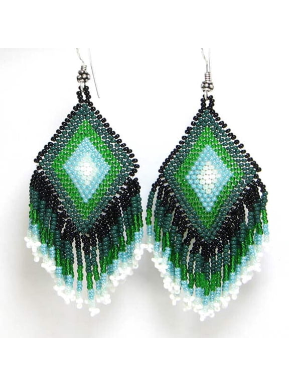 Handmade Beaded Green Seed Bead drop dangle Earrings