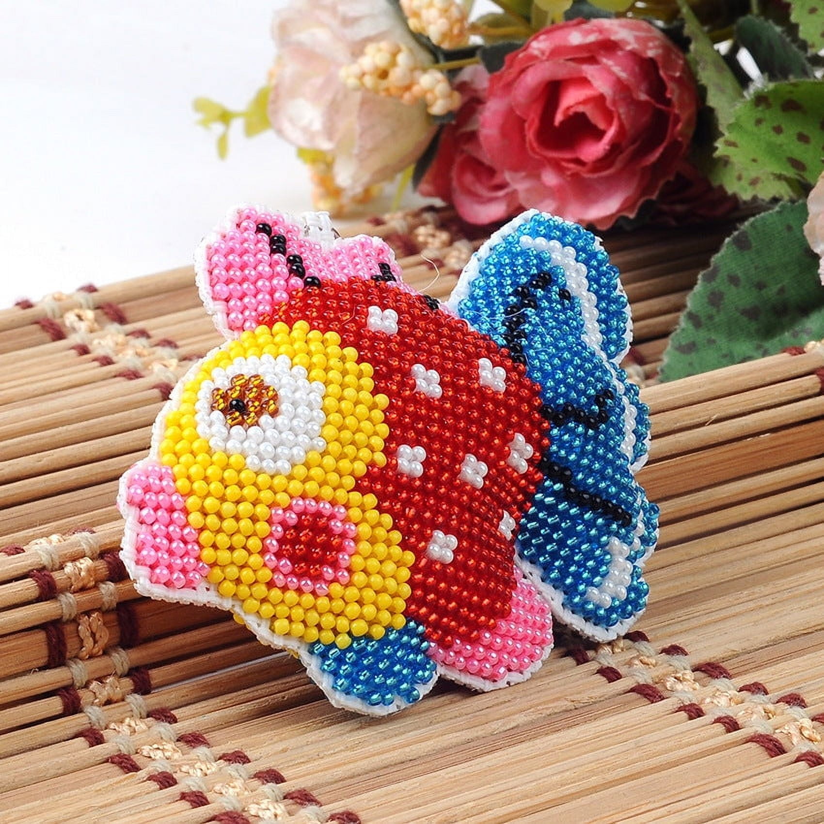DIY Beaded Keychain Kit Handmade Fashion Accessory Embroidery Supplies with Beads Key Ring and Pattern for Decoration