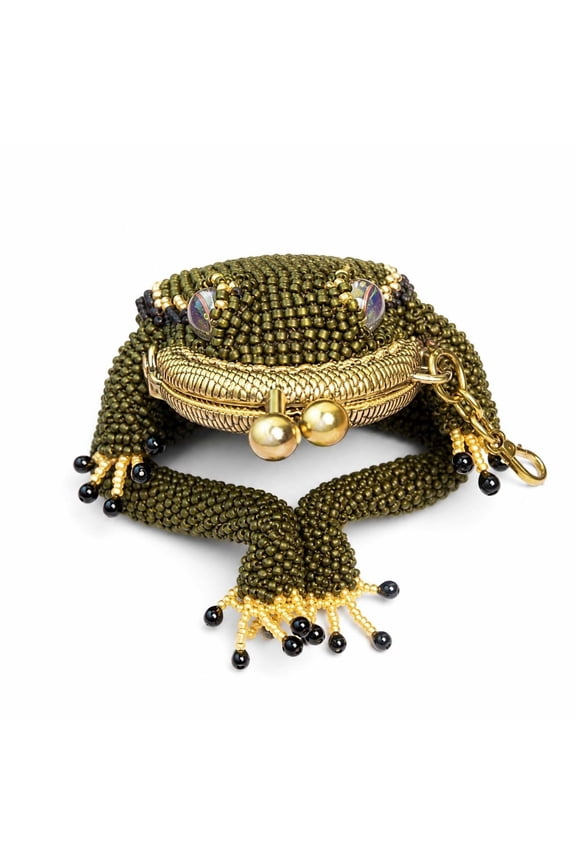 Handmade Beaded Mini Frog Coin Purse, Olive Green Seed Bead Frog Mini Clutch Bag, Kiss Lock Charm Keychain Decor, Funny Bead Animal Shaped Bag Jewelry Pouch for Women Evening Party Gift