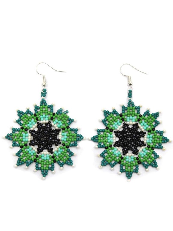 Handmade Beaded Native Style Green Artisan Bohemian Flower Hook Earrings