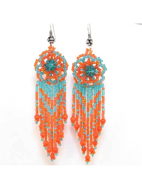 Handmade Beaded Orange Flower Seed Bead Earrings