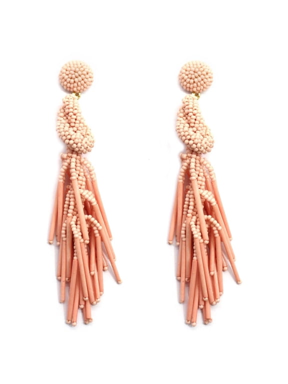 Handmade Beaded Peach Salmon Solid Color Post Statement Earrings 4 Inch