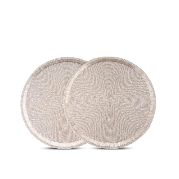 Handmade Beaded Placemat Charger,13 Inch Round,Set of 2,Beautiful Decorative Dining Table Placemat for Your Dinner Table Décor,Easter,Wedding,Christmas Decoration,Holiday & Everyday Use- Silver