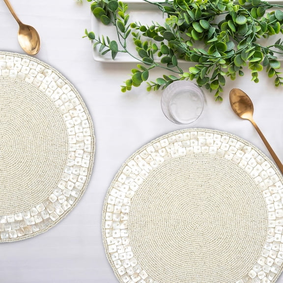 Handmade Beaded Placemat Charger, 13 Inch Round, Set of 2, Beautiful Decorative Dining Table Placemat for Your Dinner Table Décor, Easter, Wedding, Thanksgiving & Everyday Use - Silver Ivory