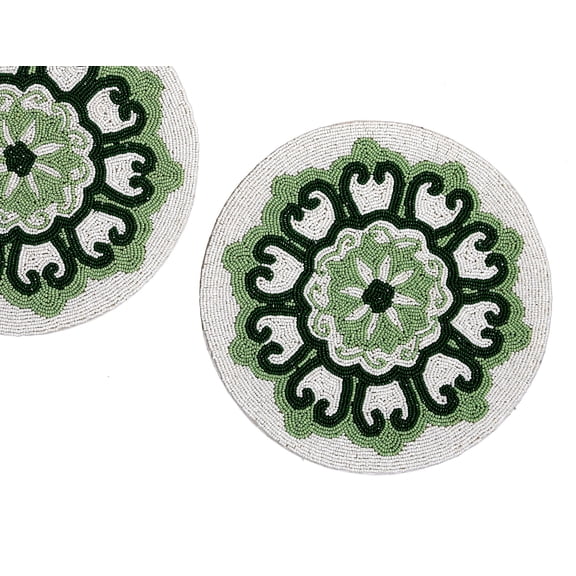 Handmade Beaded Placemat, White And Green Placemats, Designer charger Plate 13X13 Inches