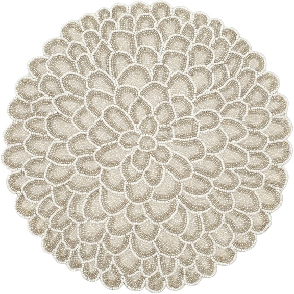 Handmade Beaded Placemats - 13 Inch Round Dining Table Mats - Elegant Glass Beads with Cotton Backing - Decorative Tableware for Weddings, Holidays, and Home Dcor (Ivory White) -