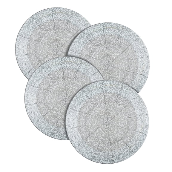 Handmade Beaded Placemats Charger 13 Inch Round Set of 4 - Beautiful Fancy Elegant Decorative Glitz Table Mat for Dining Table Décor, Farmhouse, Wedding, Party, Easter & Everyday Use - White Silver