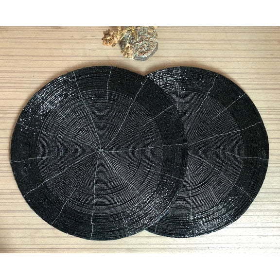 Handmade Beaded Placemats Halloween Harvest Autumn Fall Holiday Christmas Xmas Dining Festive Party Table Dcor 14 inch Round - Black