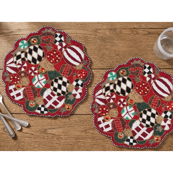 Handmade Beaded Placemats, Set of 2 Christmas Ornamental Tablemats, Designer Charger Plate 13X13 Inch