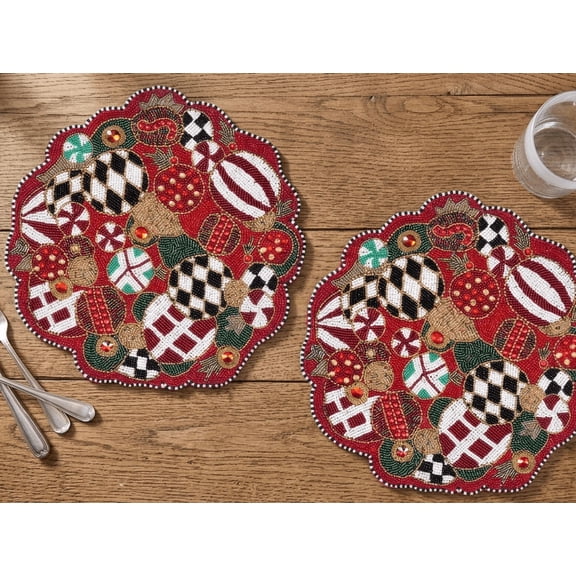 Handmade Beaded Placemats, Set of 6 Christmas Ornamental Tablemats, Designer Charger Plate 13X13 Inch