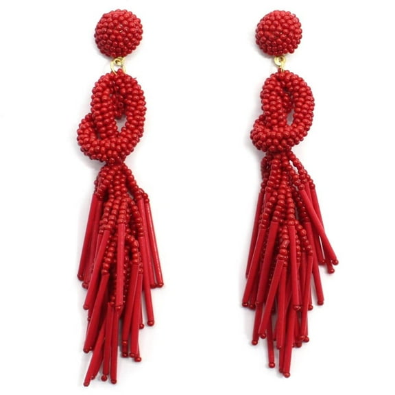 Handmade Beaded Red Solid Color Post Statement Earrings 4 Inch