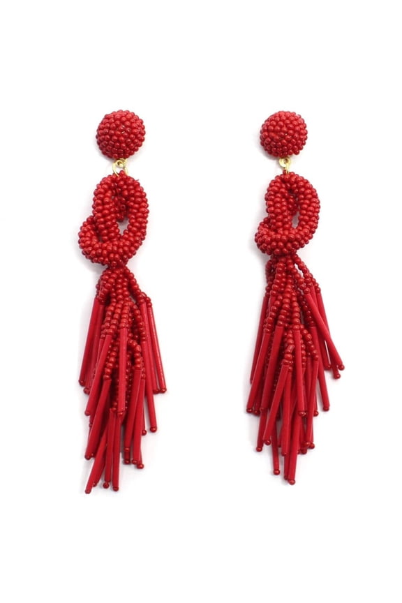 Handmade Beaded Red Solid Color Post Statement Earrings 4 Inch