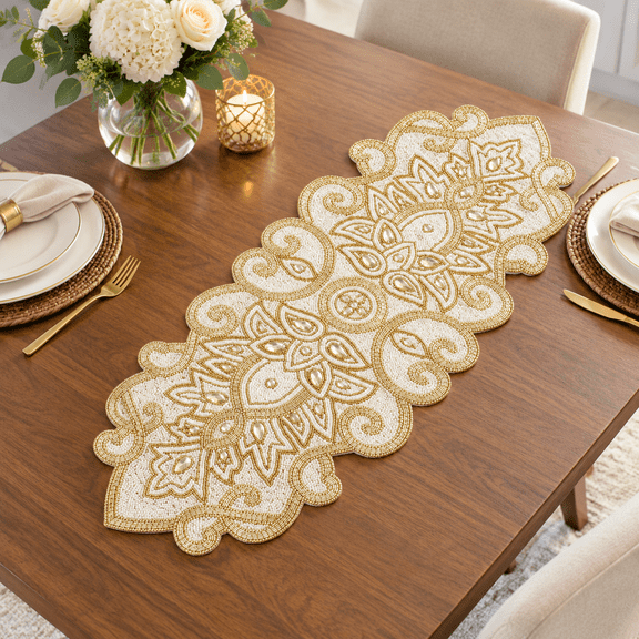 Handmade Beaded Table Runner - 13x36 Inches &