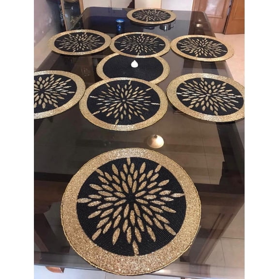 Handmade Beaded Table Runner And Tablemat Set, Black And Gold Table Runner And Placemat Set, Wedding Table Decor