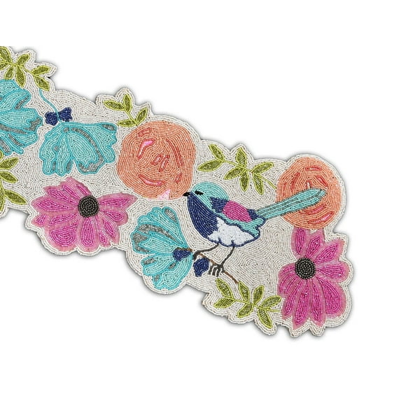 Handmade Beaded Table Runner, Birds Table Runner, Multicolor Floral Table Topper 13X36 Inches