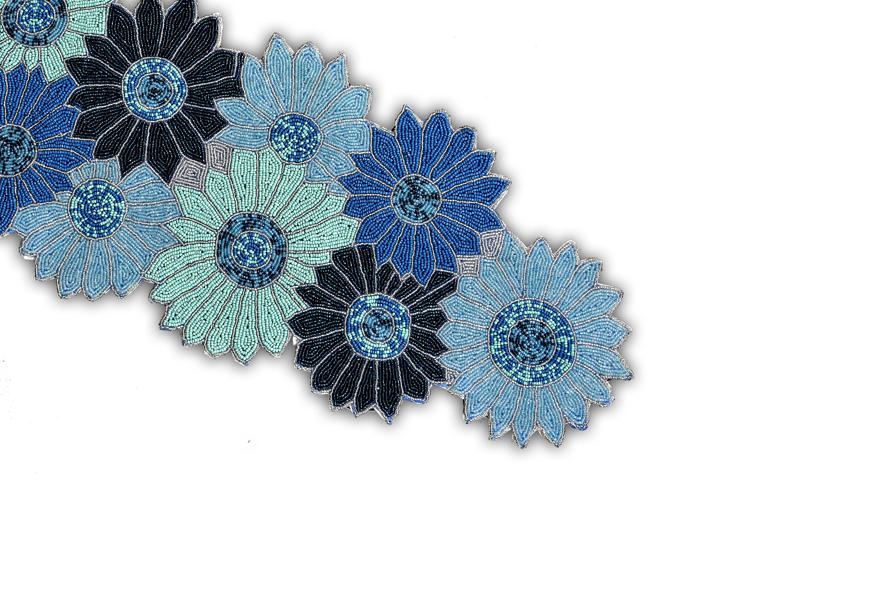 Handmade Beaded Table Runner, Blue Floral Table Runner, Spring Tableware 13X36 Inch