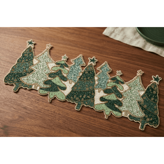 Handmade Beaded Table Runner, Christmas Tree Design Table Topper, Christmas Tableware 13*36 Inches