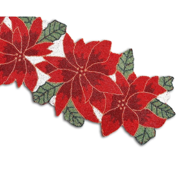 Handmade Beaded Table Runner, Floral Table Runner, Red And White Table Topper 13X36 Inches