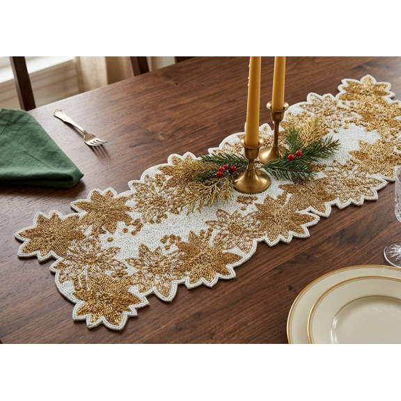 Handmade Beaded Table Runner, Golden Floral Table Runner, Designer Tableware 13X36 Inch