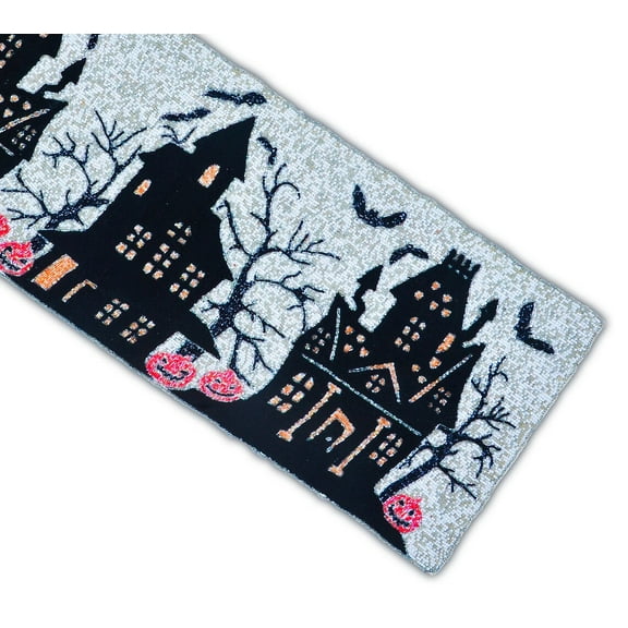 Handmade Beaded Table Runner, Haunted House Table Runner, Halloween Tableware 13X36 Inch