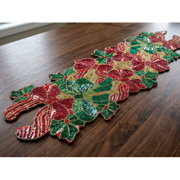 Handmade Beaded Table Runner  Ribbon & Bow Design, Elegant Christmas Tableware, Festive Holiday Table Dcor, 13x36 Inches, Decorative Dining Accent, Seasonal Home Dcor, Christmas Party Table Topper