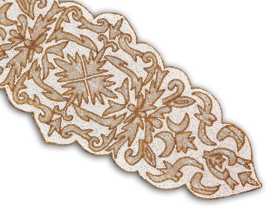 Handmade Beaded Table Runner, White And Gold Table Runner, Contemporary Table Topper 13X36 Inch