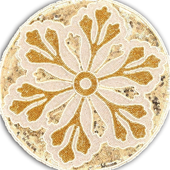 Handmade Beaded Tablemats, White And Gold Placemat, Designer Charger Plate 13X13 Inch, set of 6